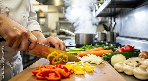 Fototapeta Chef's hands precisely slicing a yellow bell pepper on a wooden cutting board with other fresh vegetables in a clean kitchen environment, healthy meal prep.