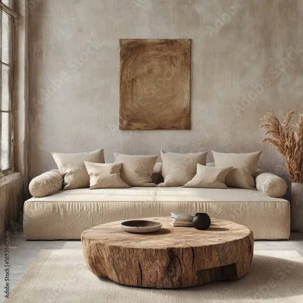 Fototapeta Rustic coffee table and beige sofa. Japandi, boho style home interior design of modern living room, Generative AI