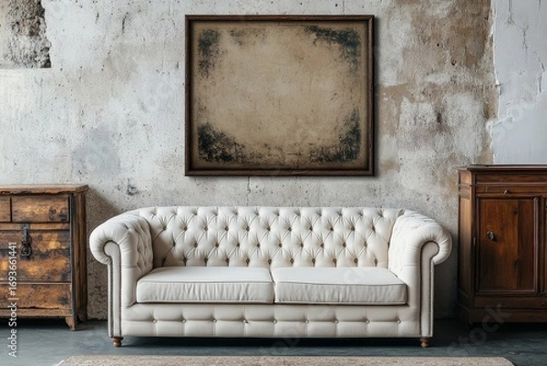 Fototapeta Rustic cabinet near white tufted sofa against concrete wall with art poster. Minimalist, loft, urban home interior design of modern living room, Generative AI