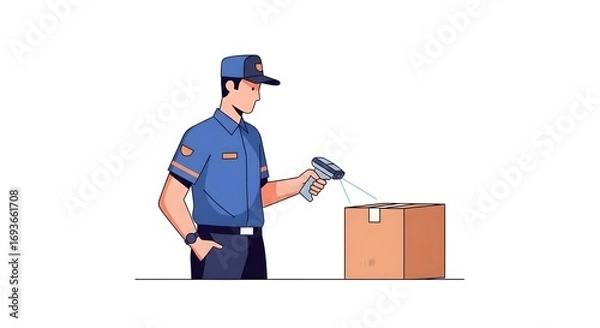 Fototapeta Delivery worker scans package barcode with handheld scanner.