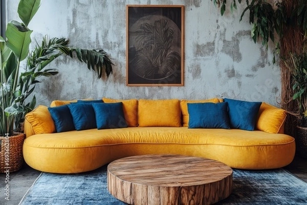 Fototapeta Yellow curved sofa with blue cushions and round rustic wood coffee table against stucco wall with poster. Boho home interior design of modern living room, Generative AI
