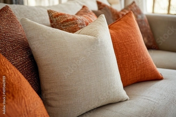 Fototapeta Close up of beige fabric sofa with terra cotta pillows. Boho style home interior design of modern living room, Generative AI