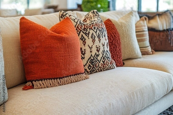 Fototapeta Close up of beige fabric sofa with terra cotta pillows. Boho style home interior design of modern living room, Generative AI