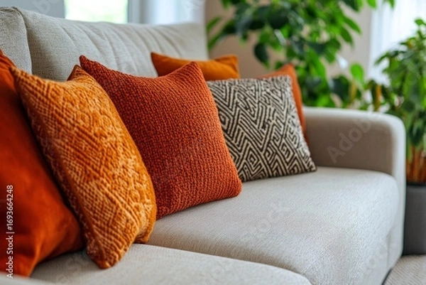 Fototapeta Close up of beige fabric sofa with terra cotta pillows. Boho style home interior design of modern living room, Generative AI