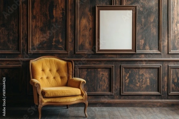 Fototapeta Classic armchair near paneling wall with empty poster frame with copy space. Home interior design of mid century living room, Generative AI