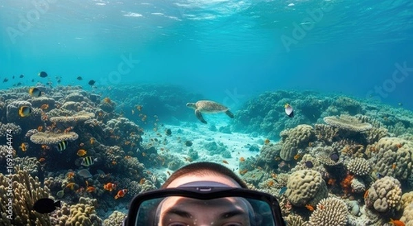 Fototapeta Vibrant underwater view of a diverse coral reef ecosystem with colorful fish and a sea turtle.