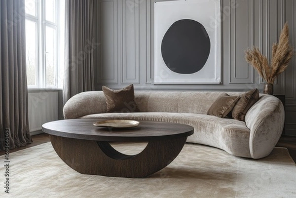 Fototapeta Round coffee table on beige rug near cozy sofa in room with classic paneling and poster. Scandinavian home interior design of modern living room, Generative AI