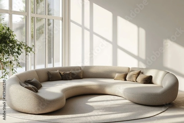 Fototapeta Puffy curved sofa in spacious room. Minimalist home interior design of modern living room, Generative AI