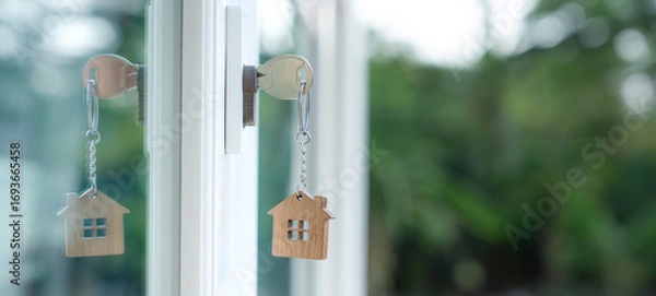 Fototapeta Landlord key for unlocking house is plugged into the door. Second hand house for rent and sale. keychain is blowing in the wind. mortgage for new home, buy, sell, renovate, investment, owner, estate