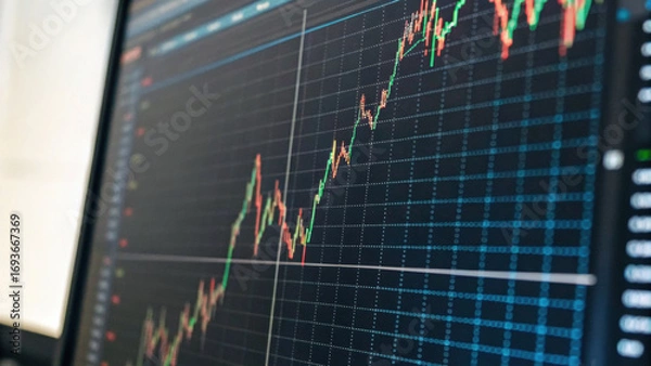 Fototapeta Economic growth and risk are critical factors shown in this financial chart with fluctuating stock prices and market trends on digital screen