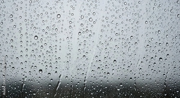 Fototapeta Close-up of clear raindrops on a glass surface creating a textured background in rainy weather.