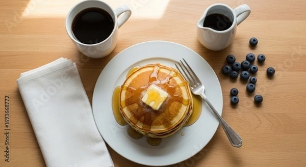Fototapeta Top view of two plates of fluffy pancakes with butter, maple syrup, blueberries, and coffee on a bright wooden table.