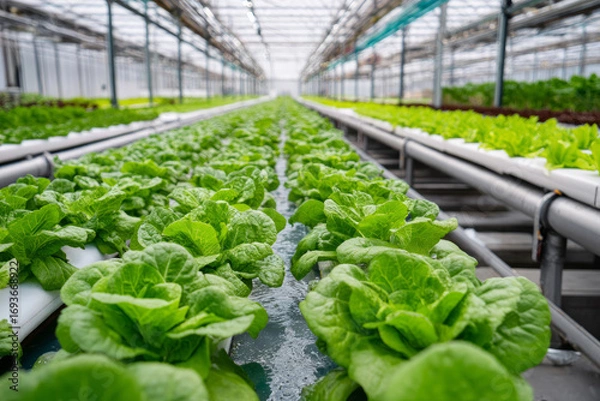 Fototapeta A donor tour through a greenhouse project supported by food security funding Rows of fresh vegetables grow inside