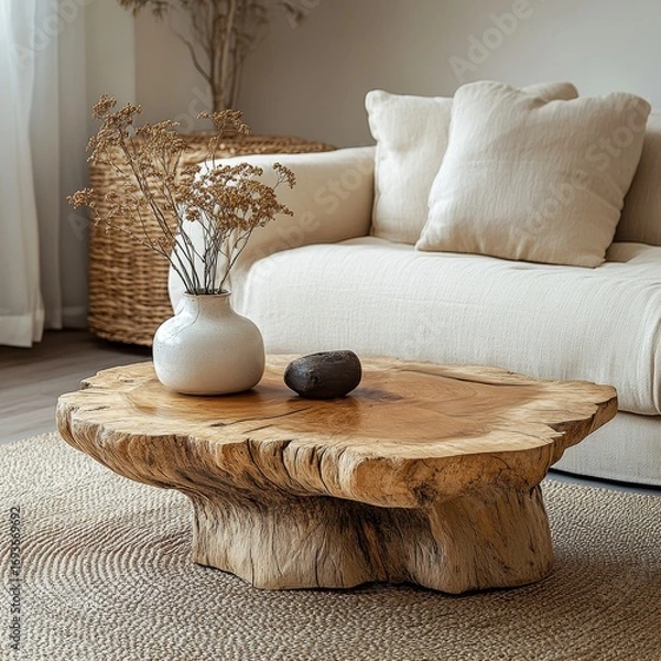 Fototapeta Boho interior design of modern living room, home. Live edge coffee table near beige sofa, Generative AI