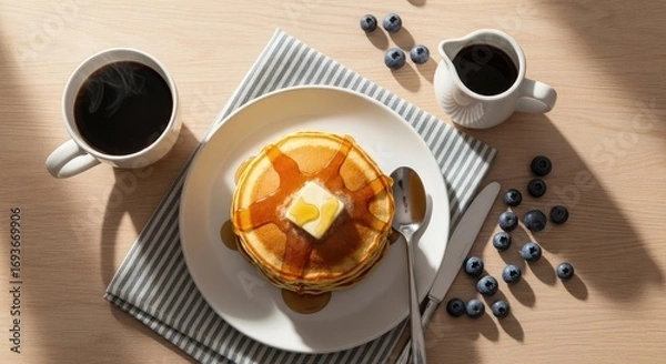 Fototapeta Delicious stack of pancakes with butter, maple syrup, blueberries, and coffee on a wooden table.
