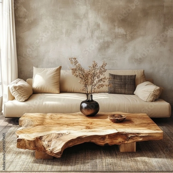 Fototapeta Boho interior design of modern living room, home. Live edge coffee table near beige sofa, Generative AI