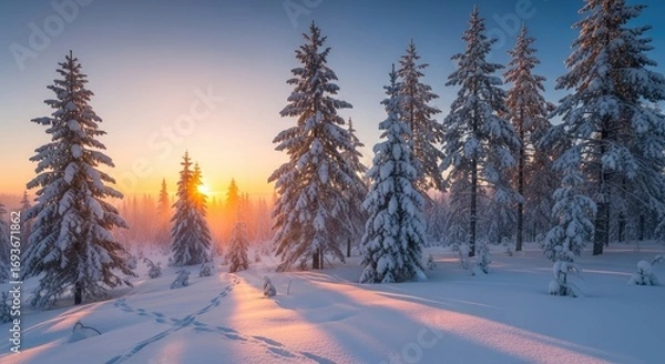 Fototapeta Beautiful winter landscape with snow-covered pine trees illuminated by golden sunrise light in a serene forest.