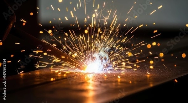 Fototapeta Bright golden sparks flying from a welding operation in a dark industrial workshop, illustrating metalwork.