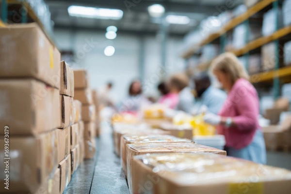 Fototapeta Volunteers prepare food packages in a warehouse supported by foundation funds Boxes are stacked neatly