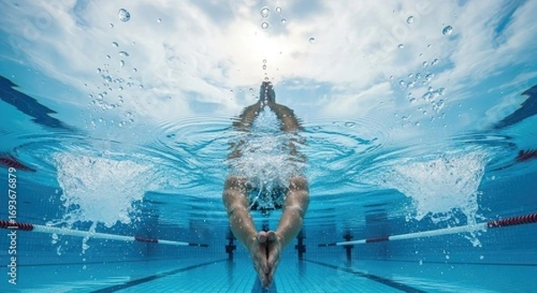Fototapeta Underwater view of a powerful swimmer pushing through the water in a clear swimming pool with sunrays.