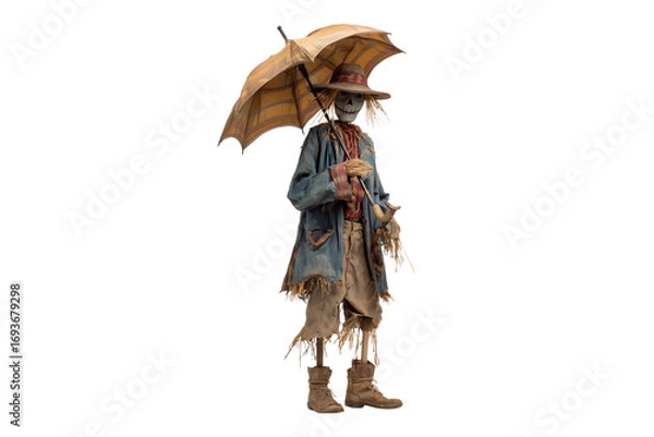 Fototapeta A Halloween scarecrow holding a broken umbrella, isolated on a transparent background.