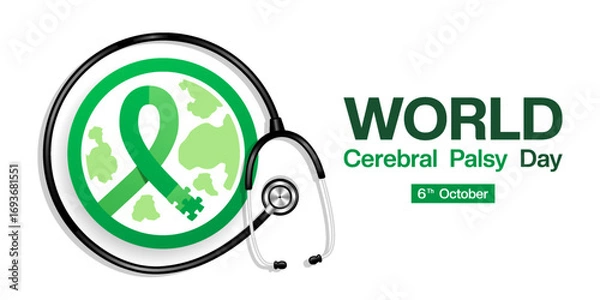 Fototapeta 6 th October is World Cerebral Palsy Day. Ribbon, earth and stethoscope. Suitable for posters, banners and social media. White background.