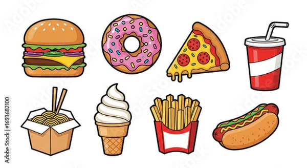 Fototapeta Vector cartoon fast food icons set illustration burger pizza donut hotdog fries noodles 90chr , isolated on transparent background