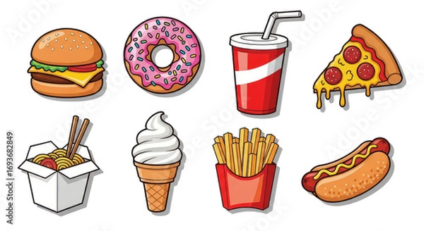 Fototapeta Cartoon fast food icons vector illustration burger pizza donut soda fries hotdog ice cream noodles , isolated on transparent background