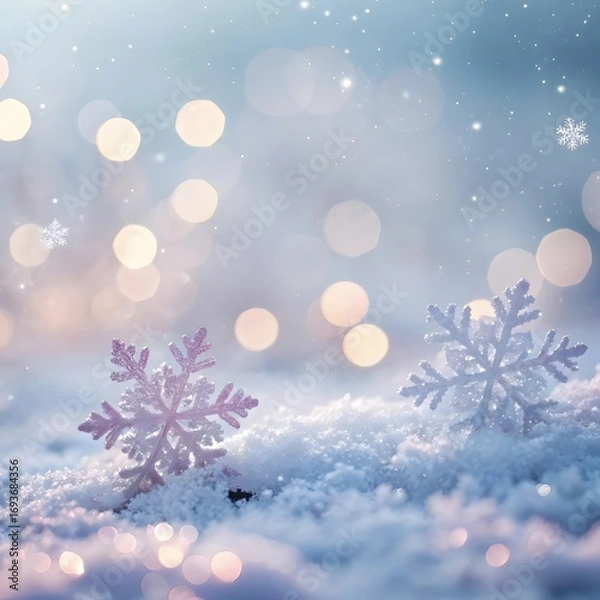 Obraz Winter snowflake bokeh lights soft focus festive holiday background with snow and sparkles