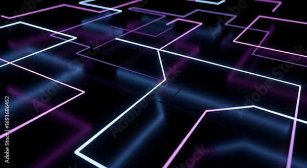 Fototapeta Vibrant network of glowing neon pathways on a dark reflective surface, an abstract representation of future digital technology and data flow