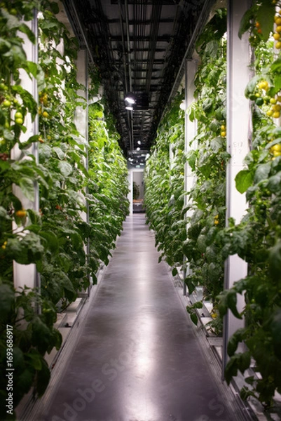 Fototapeta A donor tour through a greenhouse project supported by food security funding Rows of fresh vegetables grow inside