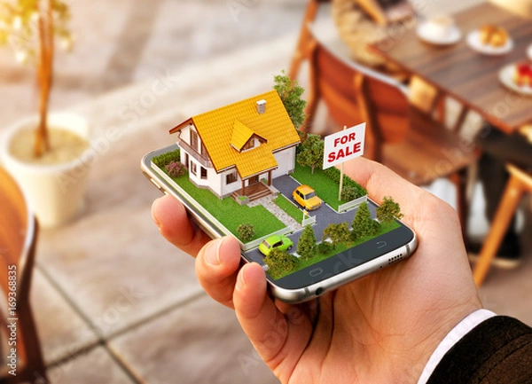 Obraz Aplikacja smartfonów do wyszukiwania online, kupowania, sprzedaży i rezerwacji nieruchomości. Niezwykła ilustracja 3D pięknego domu na smartfonie w ręku