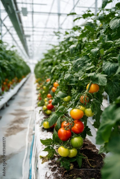 Fototapeta A donor tour through a greenhouse project supported by food security funding Rows of fresh vegetables grow inside