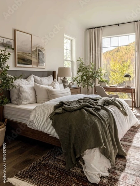 Obraz Comfortable bedroom interior featuring warm bedding and minimalist styling ideal for residential photography
