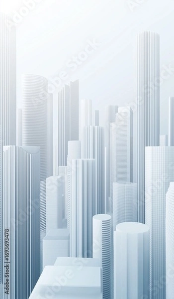 Fototapeta White geometric high-rise skyscrapers in abstract urban landscape with futuristic architectural design and vertical composition against simple background