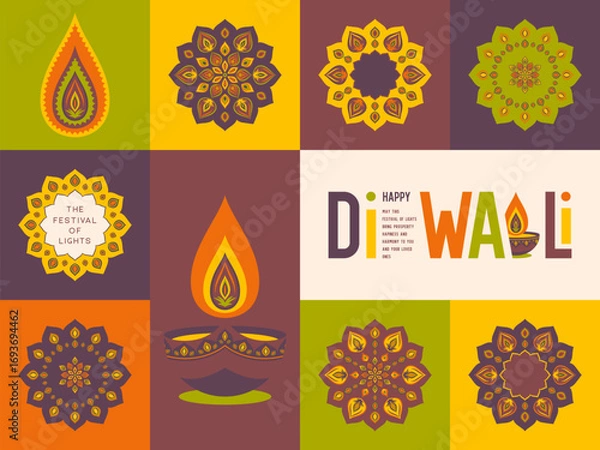 Fototapeta Colorful Diwali traditional design with diya lamp, rangoli mandala and festive grid pattern. Vibrant decorative background for Festival of Lights celebration. Vector illustration.