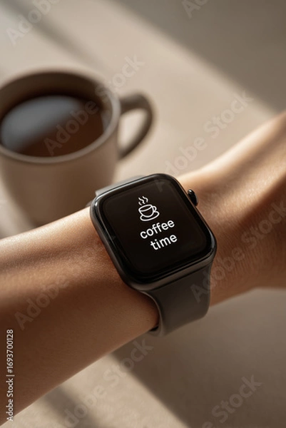 Fototapeta on the hand is a modern smart watch with the text coffee time on the screen
