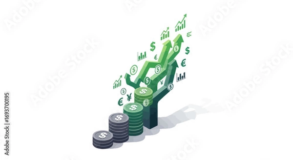 Fototapeta Financial Growth Concept Depicted with Stacks of Coins and Arrow.