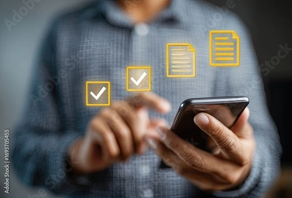 Fototapeta Person using a phone to check documents