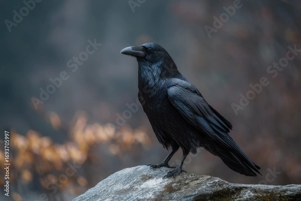 Fototapeta Raven perched on a rock in a blurred forest background