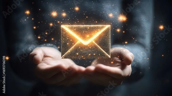 Obraz Glowing email envelope held in cupped hands with sparkling particles on a dark background effect
