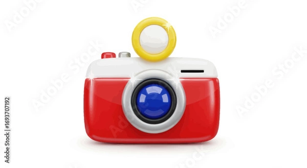 Fototapeta Red and White Cartoon Camera with Flash and Lens.