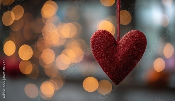Fototapeta Red heart ornament, bokeh background