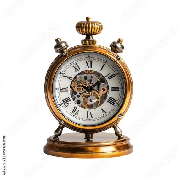 Fototapeta Antique gold clock with visible gears and roman numerals a vintage timekeeping device for decor showcasing intricate mechanical design and timeless elegance on transparent background