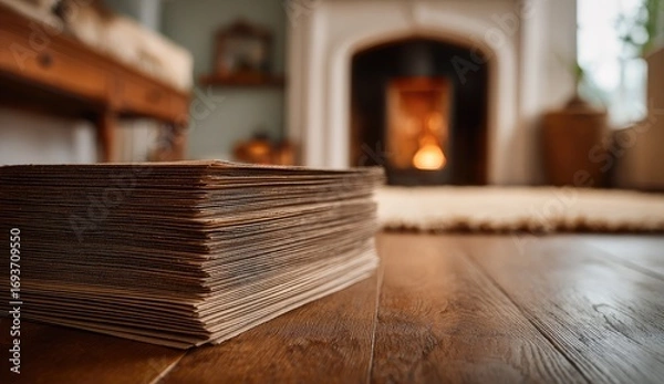 Fototapeta Stack of papers on a wooden floor in front of a fireplace