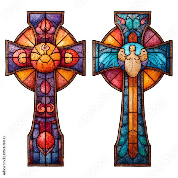 Fototapeta Two Celtic crosses, stained glass style, isolated on white.

