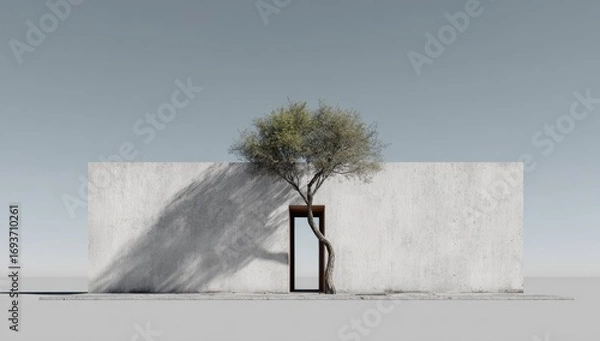 Fototapeta Minimalist architectural facade with a tree