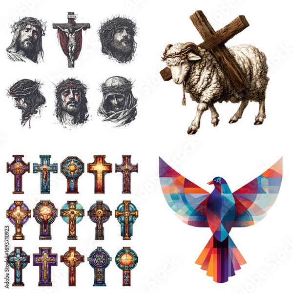 Fototapeta Christian symbols set with lamb carrying cross, dove, stained glass and Jesus with crown of thorns, isolated on white background.

