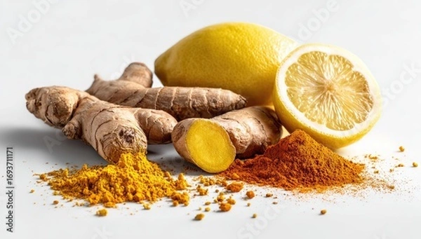 Obraz Fresh ginger, lemon, and turmeric spices on white background