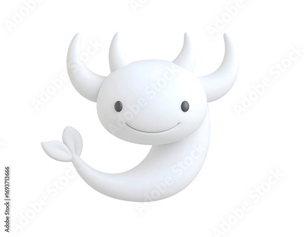 Fototapeta Cute 3D cartoon white ox character with horns and tail smiling on black background
